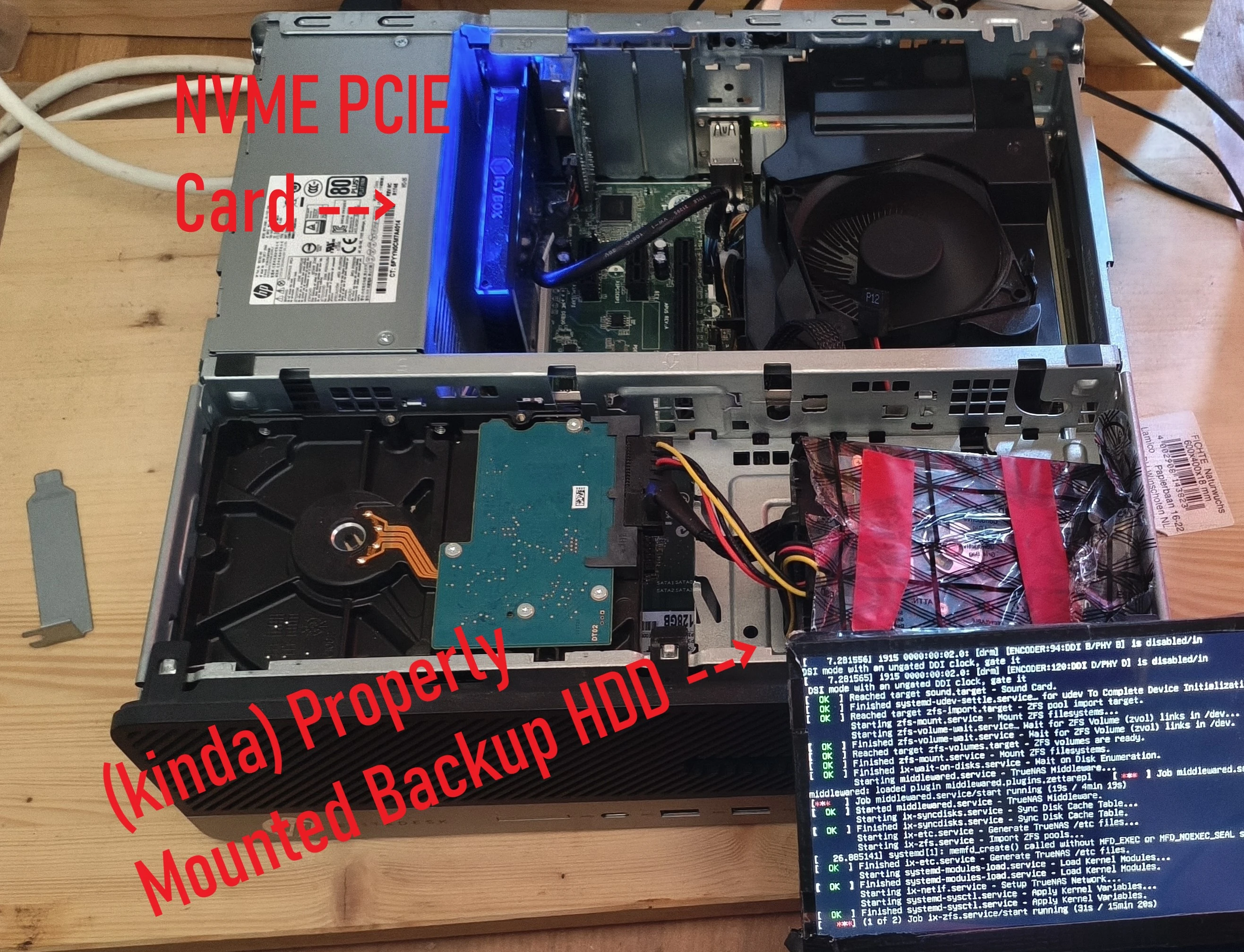 The Server with a properly mounted Backup HDD and a NVME PCIE card